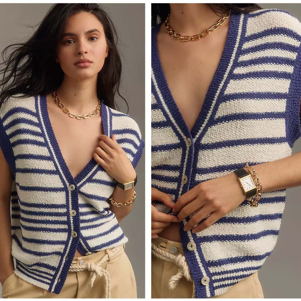 ANTHROPOLOGIE x MAEVE Slouchy Sweater Vest Blue White Stripe Sz XS $128 {3O47}